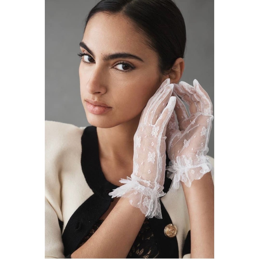 Anthropologie White Sheer Floral Lace Gloves